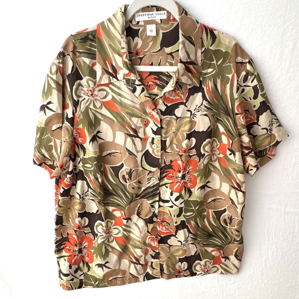 Josephine Chaus 100% Silk Floral Button-Up Blouse Collared Short Sleeve Sz L